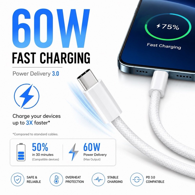 1-Pack USB-C to USB-C Cable 60W Fast Charging Braided Nylon 1M/3.3FT gallery