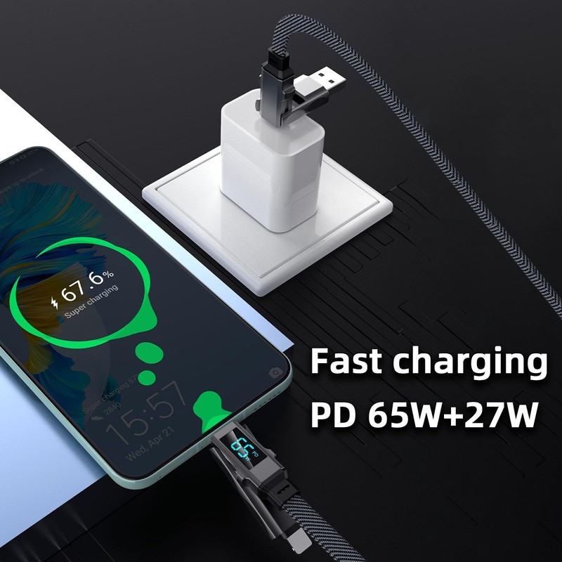4-in-1 USB C Charging Cable 65W with Wattage Display, 6.6FT Nylon Braided Multi- gallery