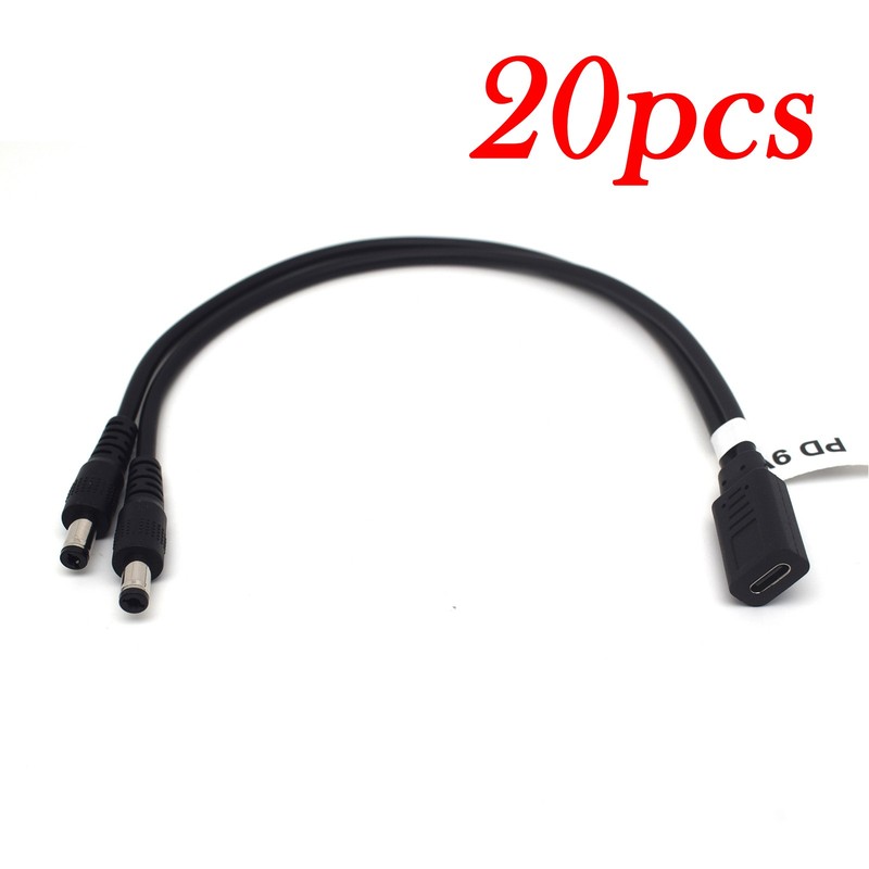 20pcs 9V Type-C to Dual 5.5×2.1mm Male DC Power Cable PD Splitter Charging Cord