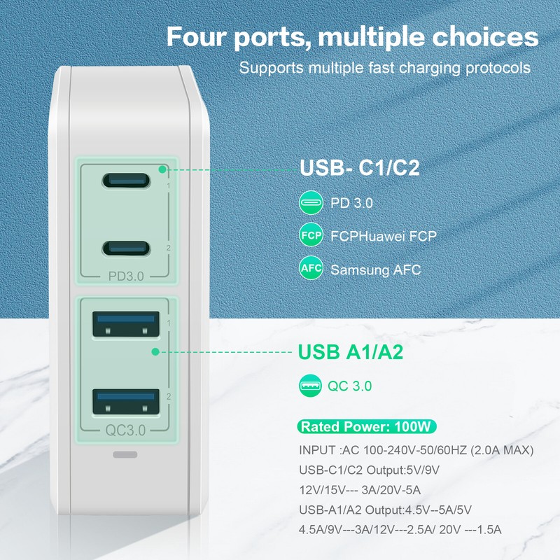 100W GaN Universal Fast Charger with 2 x USB-C & 2 x USB-A 4 Port in 1 White US gallery