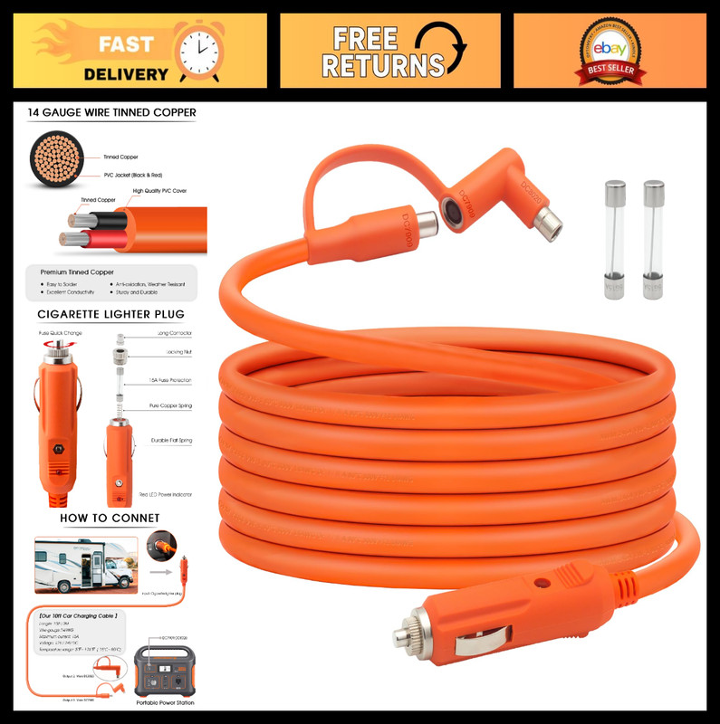 12V/24V Car Charging Cable, Cigarette Lighter to DC 8mm Connector, Portable Powe