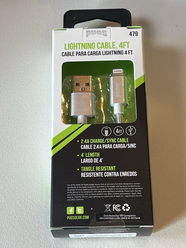 PUGS Lightnin Cable 4ft 479 New In Box Tangle Resistant 2.4amp Charge To USB