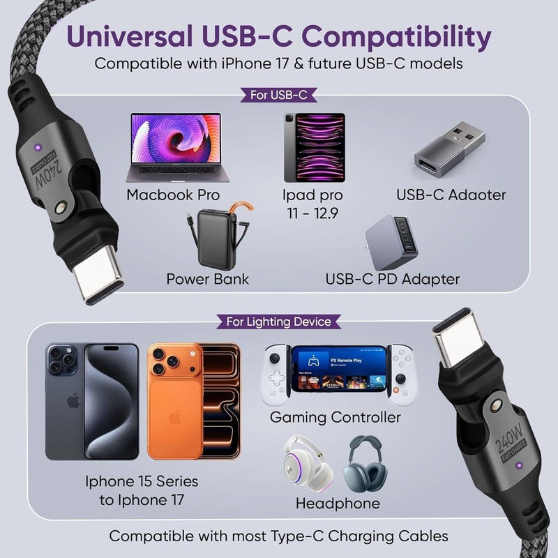 Durable 6ft USB Type C Cable, 240W Power Delivery with 180° Rotation gallery