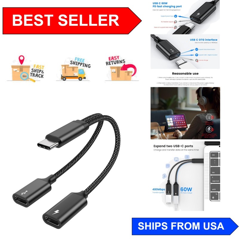 Simultaneous Charging & Data Transfer Cable – USB-C Dual Ports for Tablets