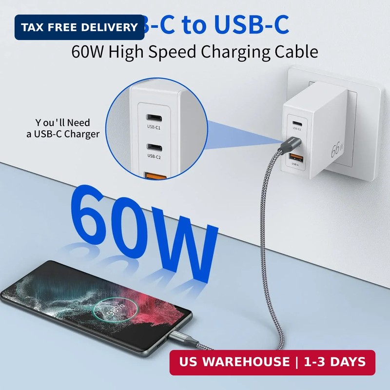 USB C to C Cable (3 Pack 1ft),Short USB Type C Fast Charging Nylon Braided Charg gallery