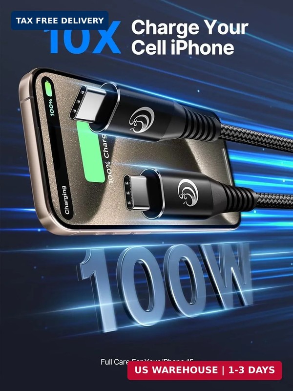 10FT USBC to USBC Cable 100W Fast Charging, Nylon Braided USB C to USB C Charger gallery