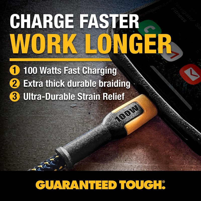 100W Heavy Duty USB C Cable Jobsite 4ft Type C Fast Charging Cord Yellow Black gallery