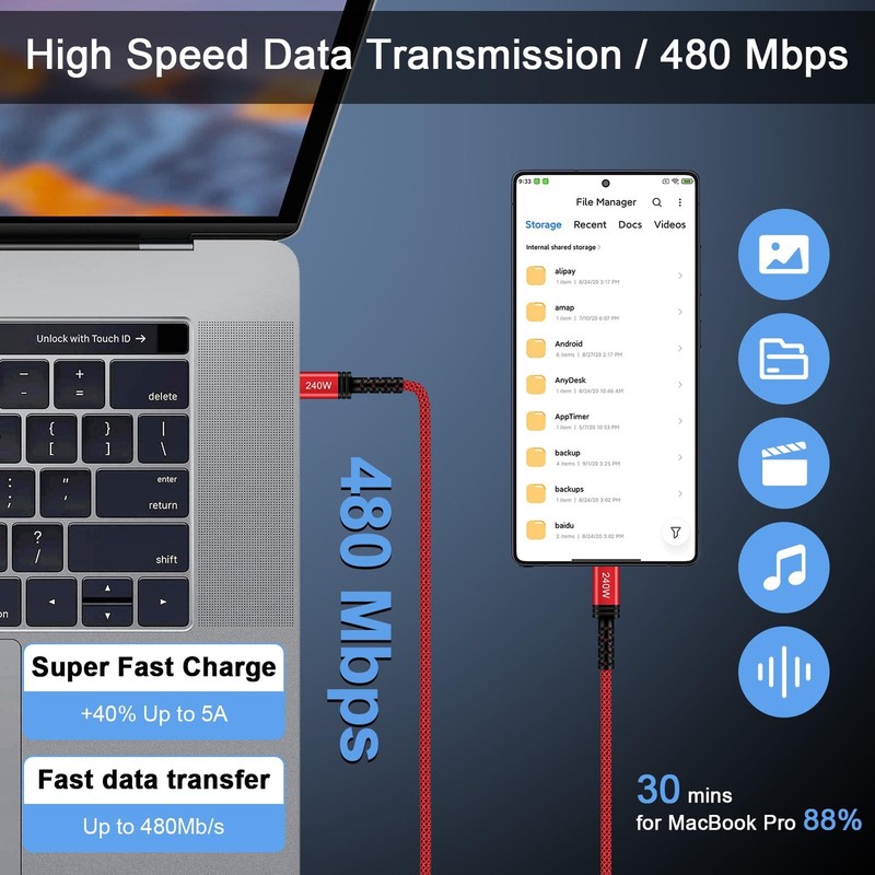 240W USB C Charger Cable Fast Charging Cord For iPhone Red Type C Wire 3ft gallery