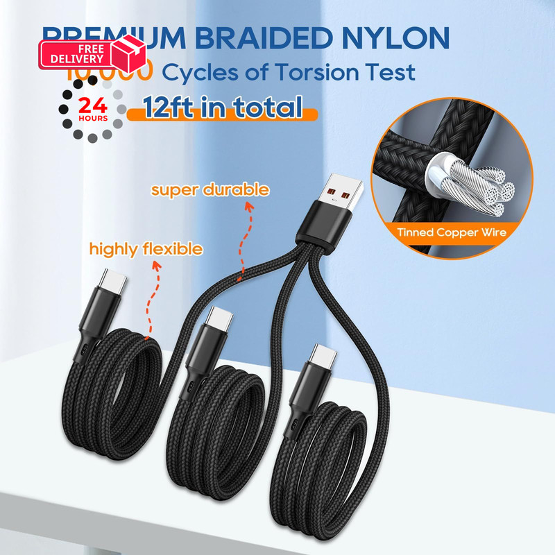 UCEC 2-Pack USB C Multi Charging Cable, 3 in 1 Braided Nylon 3.9 feet, Black gallery
