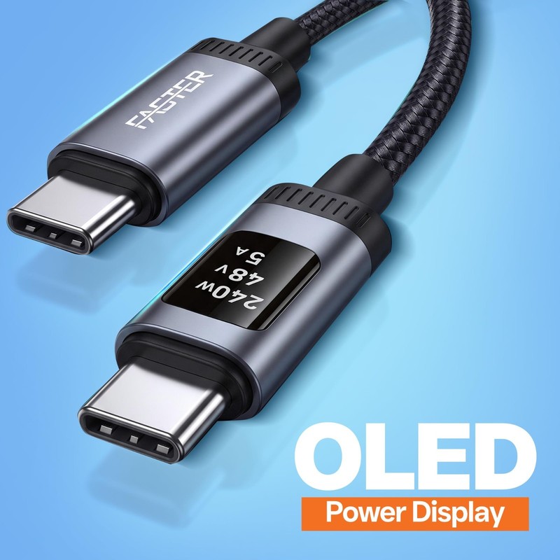 FASTER D8 240W USB-C to USB-C Cable 1.2m, 3.9 ft, OLED Display, 480 Mbps gallery