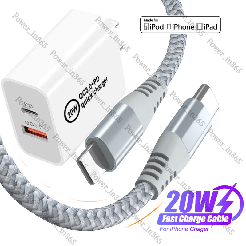 For iPhone 14 13 12 11 XR X 8 20W Wall Adapter QC Charger PD Fast Charging Cable