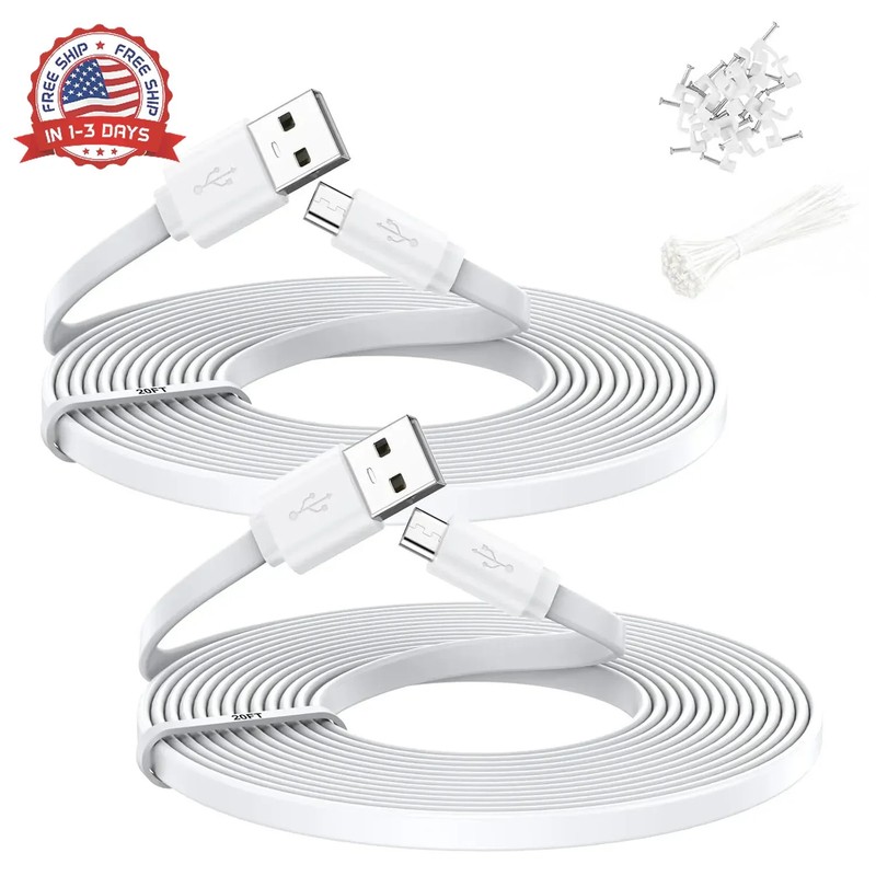 2 Pack 20FT Power Extension Cable,Flat Extension USB to Micro USB Charging Cord,