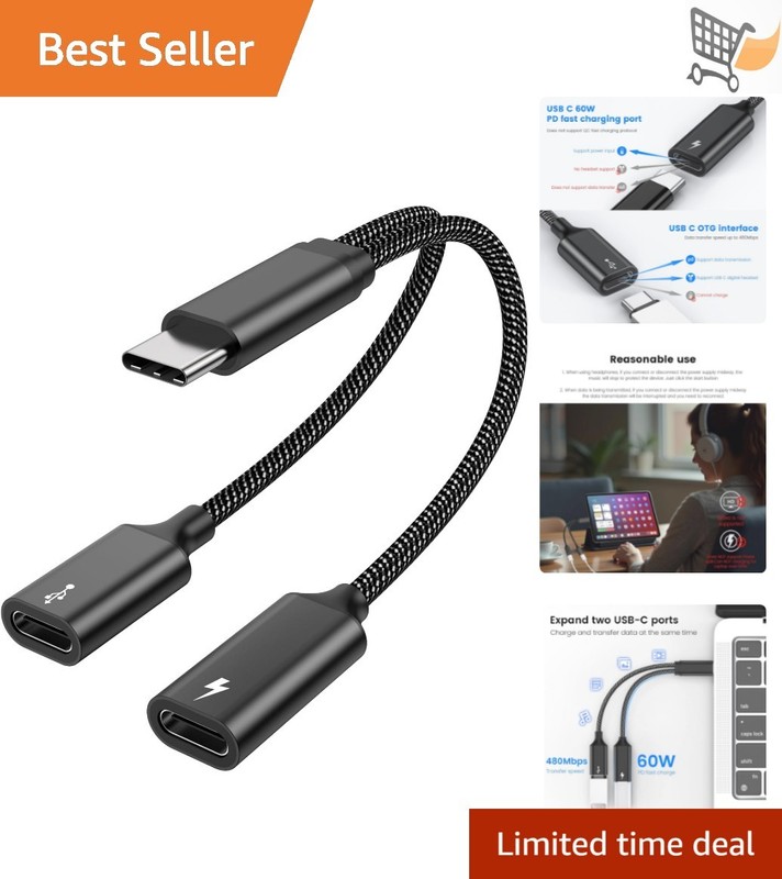 USB C Splitter 1 In 2 Out Dual USB C Cable for Charging Data Connectors Black