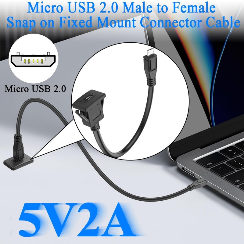 Micro USB Square Snap On Mount Adapter Short Cable Male To Female 30cm Cord gallery