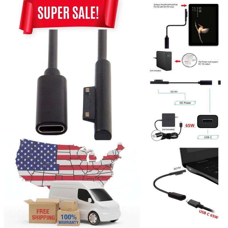 Professional 65W USB-C to DC 15V Cable for Surface Pro 3/4/5/6 - Essential Gear