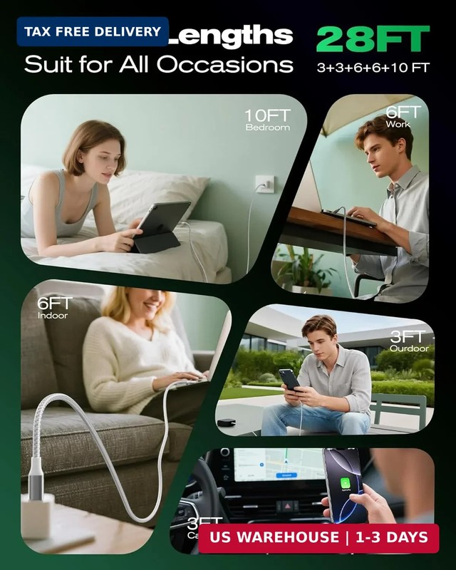 SwaggWood USB C to USB C Cable, 5-Pack [3/3/6/6/10FT] 60W USBC Fast Charging Cab gallery