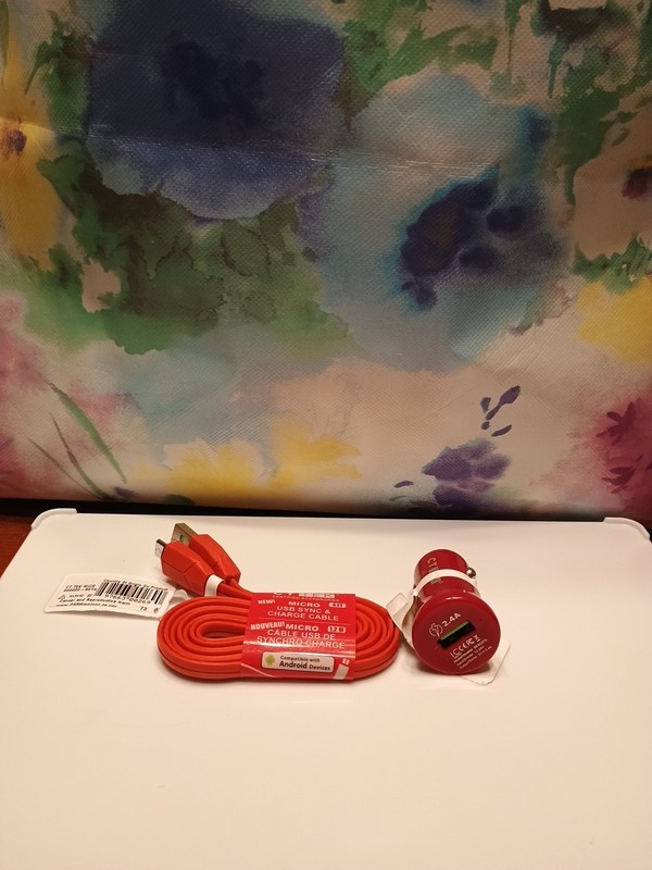 Micro Phone Cable (4 Ft) + USB Car Charger. Red.