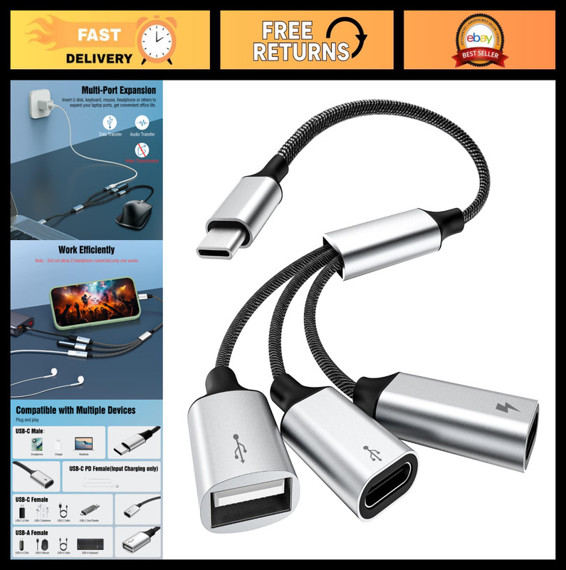 USB C Splitter Adapter Y Cable - Type C Male to 2 USB-C & 1 USB-A Ports, Data Tr