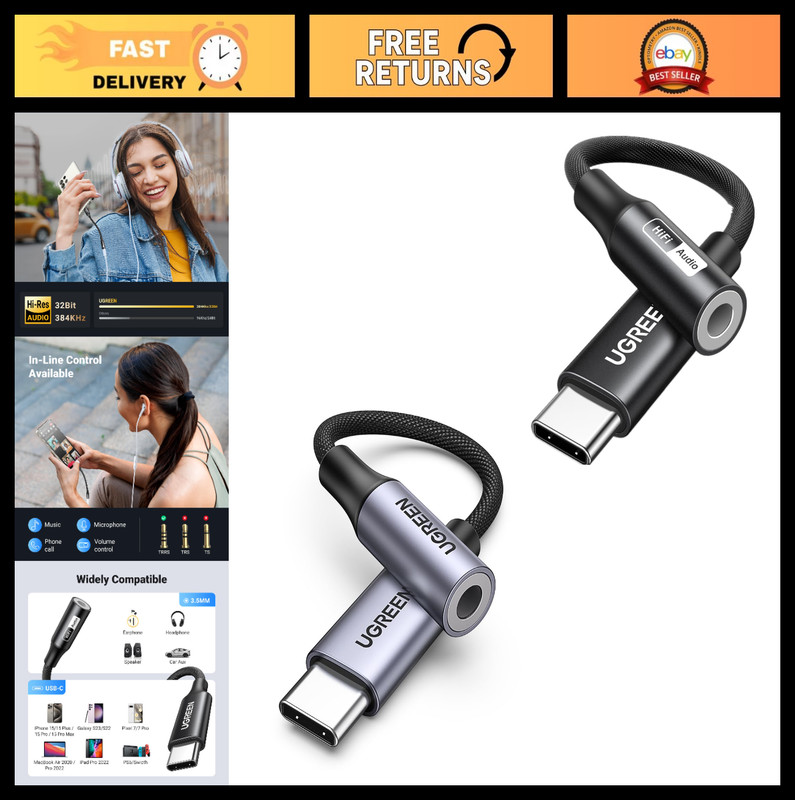 USB C to 3.5mm Audio Adapter Hi-Res 32bit/384KHz Type C Aux Dongle Converter