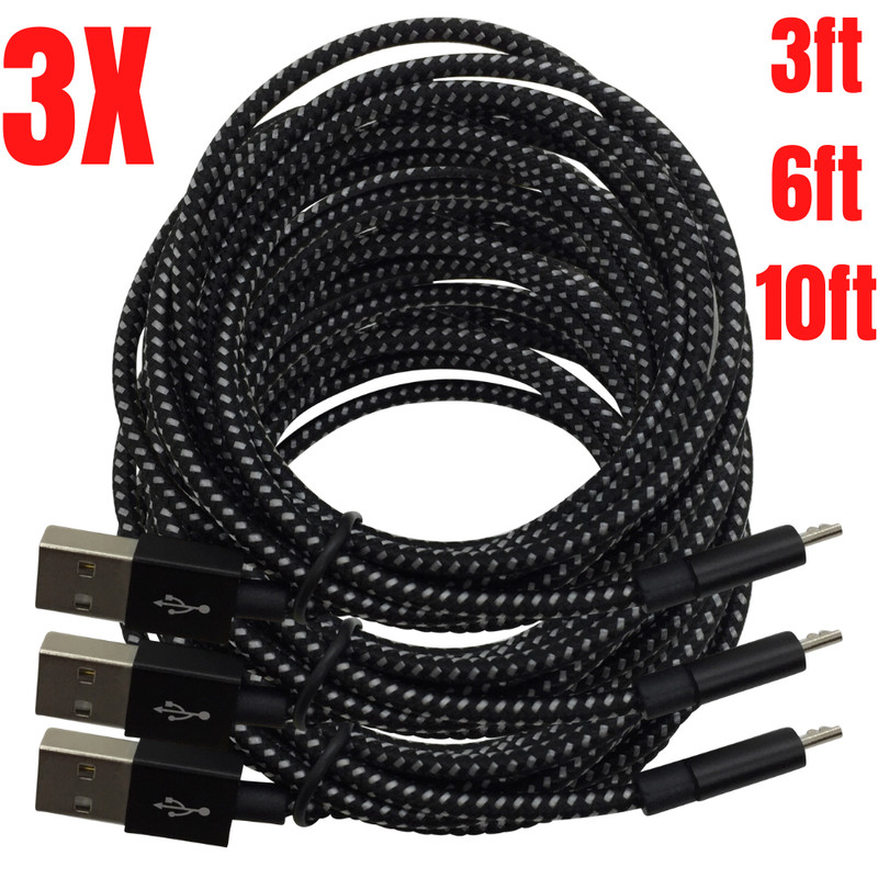 3Pack 3Ft 6Ft 10Ft Micro USB Cable Braided Fast Charger For Samsung S7 6 Android