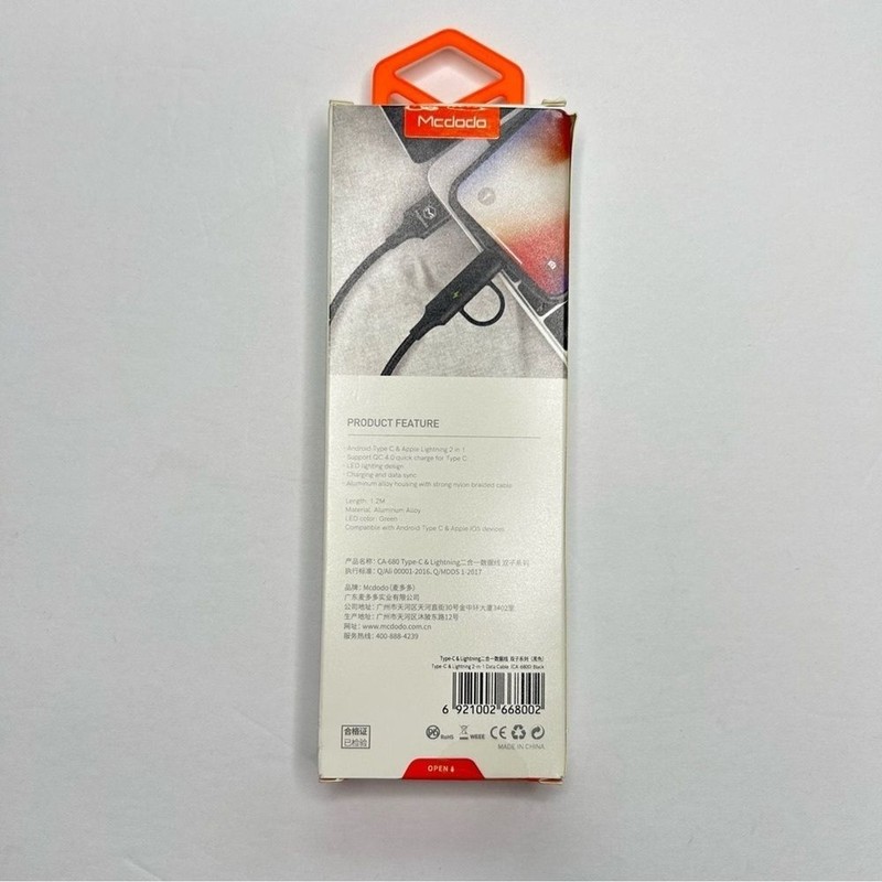NWOT Mcdodo 2-in-1 Quick Charge Data Cable Android Type C & Apple Lighting 4FT gallery