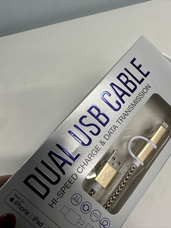 Dual USB Cable Hi Speed Charge Data Transmission Gold/Black NEW box $12.99 gallery