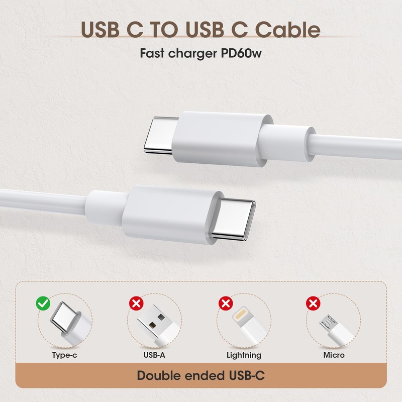 Yashifeison USB-C to Cable 10FT 60W, 2-Pack, Charging Cord white gallery