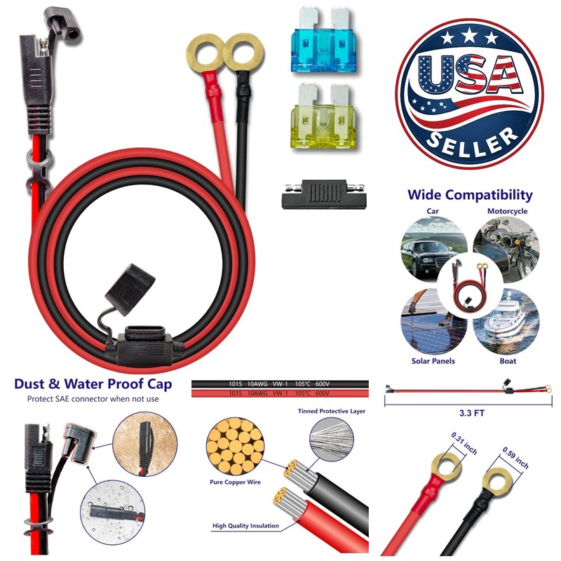 Durable 3.3FT SAE to O-Ring Terminal Cable with Waterproof Seal & 15A/20A Fuses