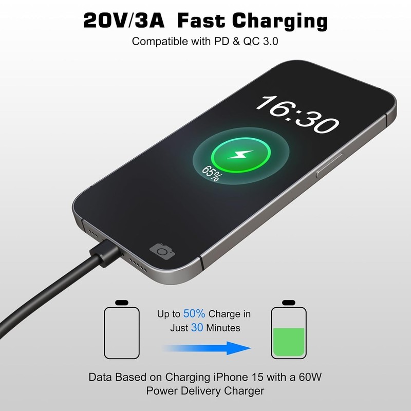 USB C to USBC Cable 60W Fast Charger Cord Dbillion 180 Degree Right Angle Gaming gallery