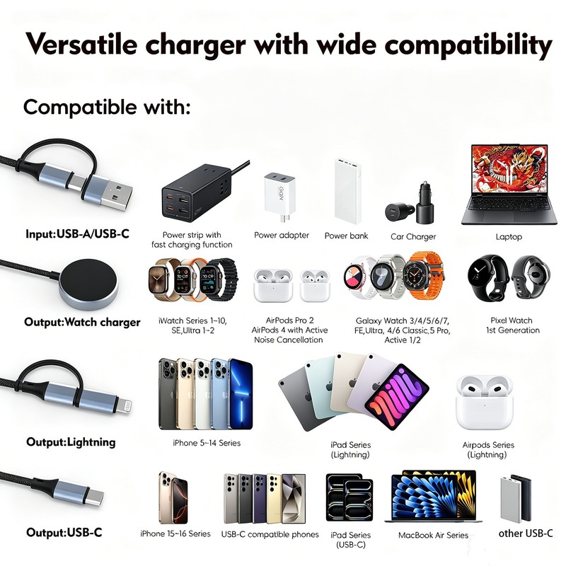 5-in-1 PD 100W USB-C Fast Charging Cable for Apple Watch & Samsung Galaxy Watch gallery
