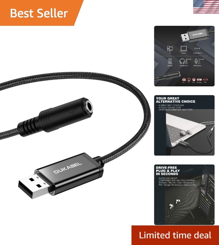 USB Headphone Adapter 9.8 Inch - TRRS Mic-Supported Sound Card for PC & PS5