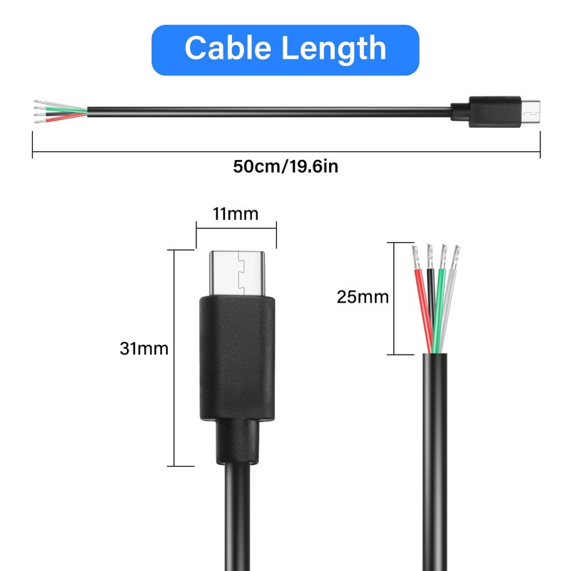 USB-C Pigtail Power Cable 2 Pack 0.5M 4-Core Bare Wire Extension Data Cable gallery