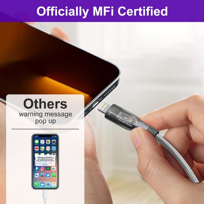 6FT Chew Proof iPhone Charger Cord - MFi Certified Silver Metal Braided USB t... gallery