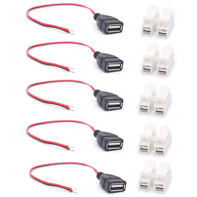20AWG USB Female Pigtail 2 Wire 5V 5A Cable 0.3M/1FT Red Black 5 PCS