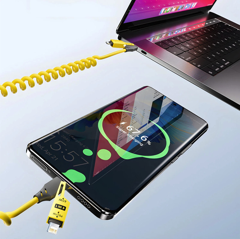 1pc 4in1 Zinc Alloy 65W Fast Charging Cable: USB-C PD Spring Data Cord - NEW gallery