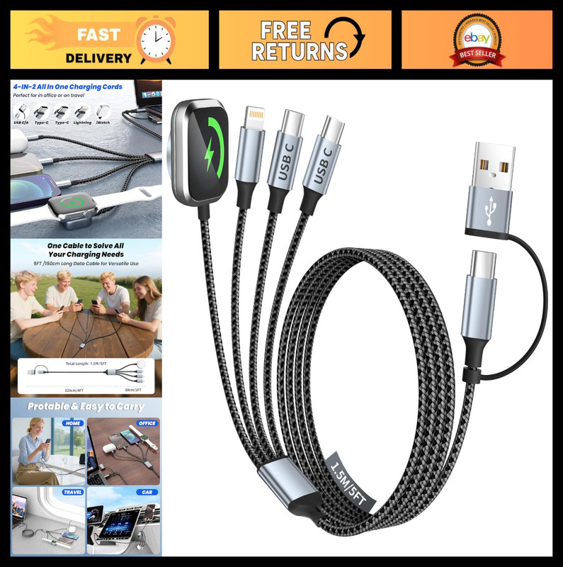 4-in-2 Dual Type C Multi Charging Cable for Apple Watch & iPhone 16-11, USB A/C