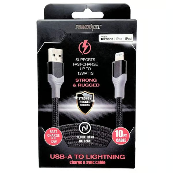 PowerXcel USB-A to Apple 10ft Braided Fast Charge/Sync Cable for iPhone