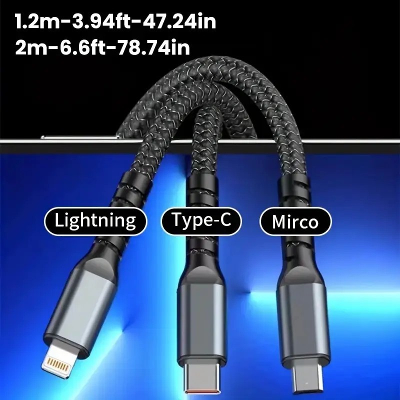 100W 5A Fast Charging USB to Type-C Micro Cable - 3-in-1 for iPhone - Android gallery