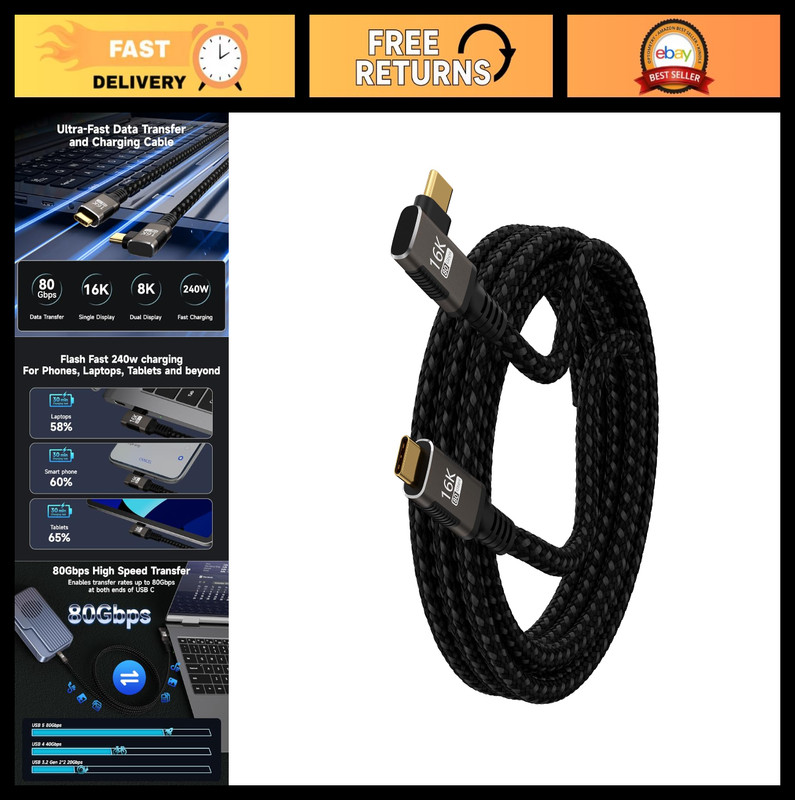 10FT Right Angle USB C Cable, 240W Fast Charging, 16K/8K Video Output, 80Gbps Da