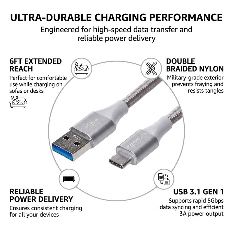 AB Double Braided Nylon USB-C to USB-A 3.1 Gen 1 Charger Cable 6ft Silver Fast gallery