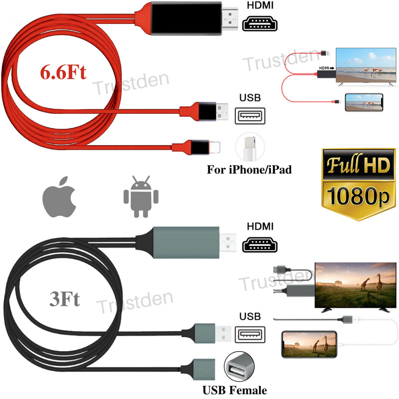 1080P HDMI Mirroring AV Cable for iPhone iPad Android Phone to TV HDTV Adapter