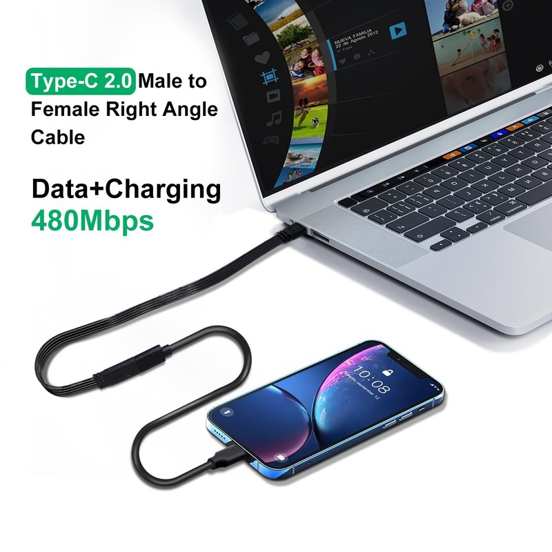 Flat Short USB Extension Cable 480 Mbps 90 Degree Right Angle USB to Female E... gallery