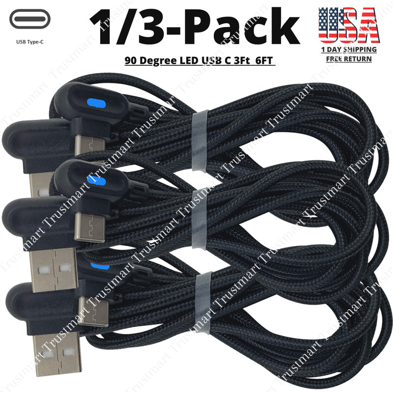 1/3Pack 90° Right Angle LED Charger USB C Cord 3Ft 6Ft Cable For Samsung Android