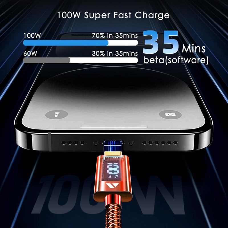 6.6ft/200cm Type C Cable with LED Display 5A PD 100W Fast Charging Red gallery