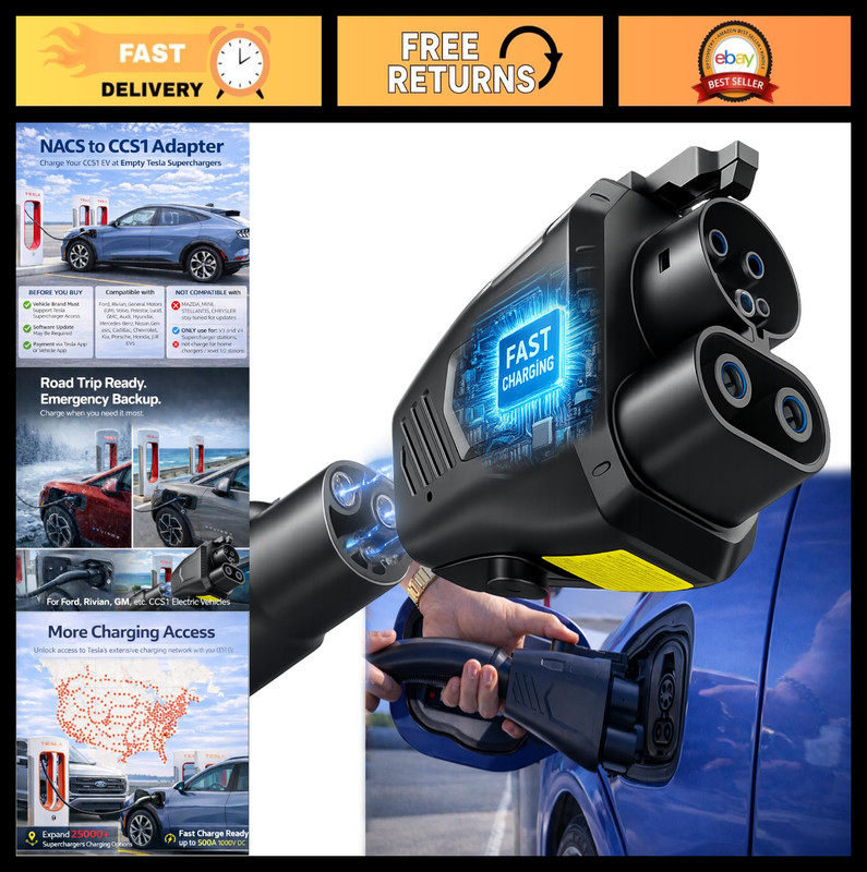 NACS to CCS Adapter for Fast Charging CCS1 EVs, 500A 1000V, Secure Dual Lock Con