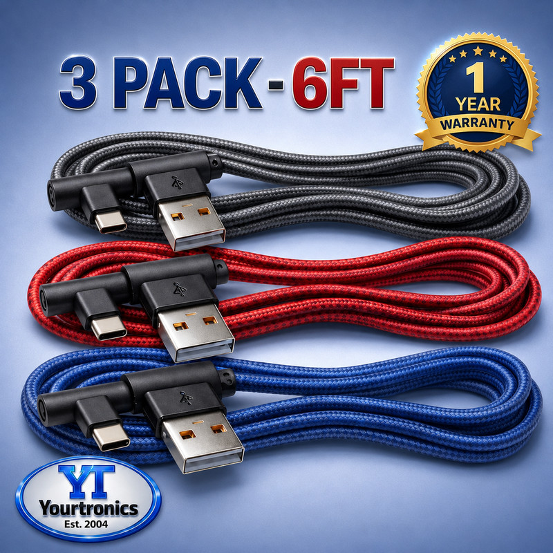 3 PACK 6FT 90 Degree Angle Type C USB-A Fast Charger Cable Quick Charging Cord L