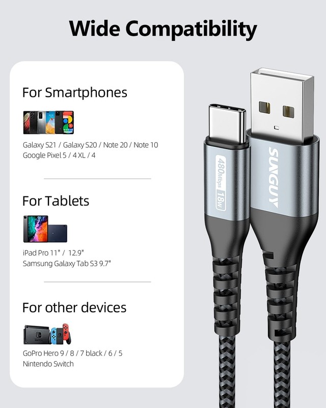 USB A to Type C Cable Braided Fast Charging 1ft 3Pcs iPhone Samsung gallery