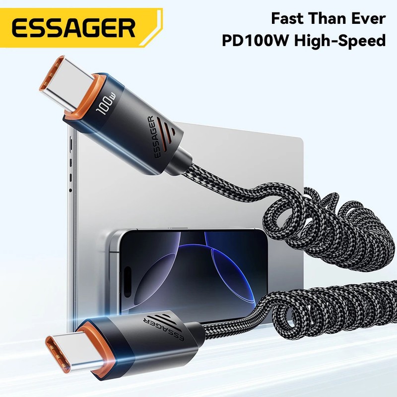 100W PD Fast Charging USB C to USB C Cable Spring Car Charger Cord gallery