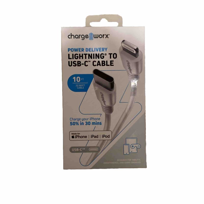 Chargeworx – Power Delivery 10 Foot 8-Pin to USB-C Cable For Apple – White