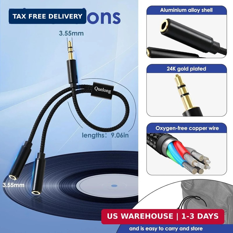 2Pcs Headphone Splitter, Dual Headphone Nylon Braided Extension Cable, Hi-Fi Aud gallery